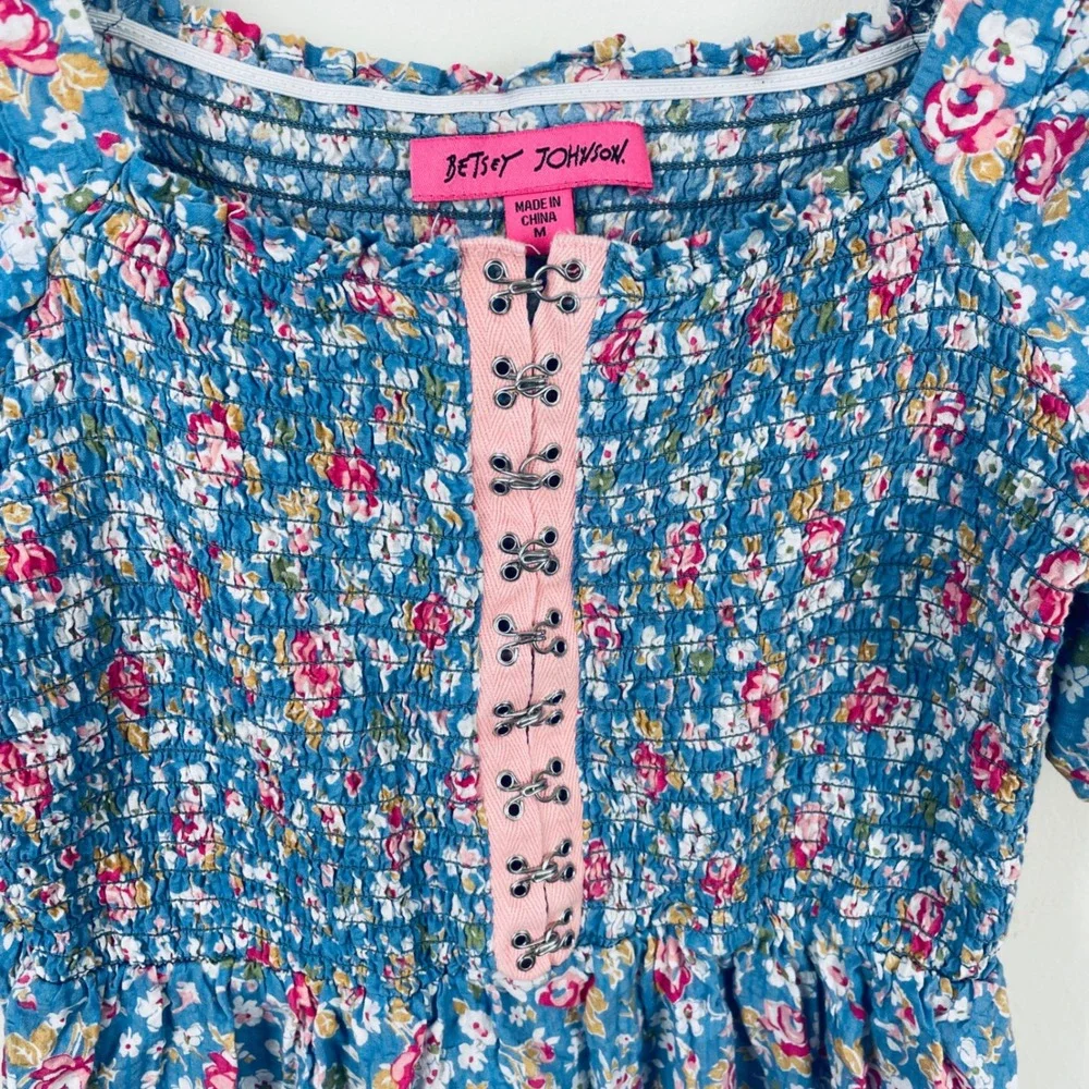 Betsey Johnson Blue Floral Smocked Mini Dress Puff Sleeve Pink Trim  M - Picture 2 of 8